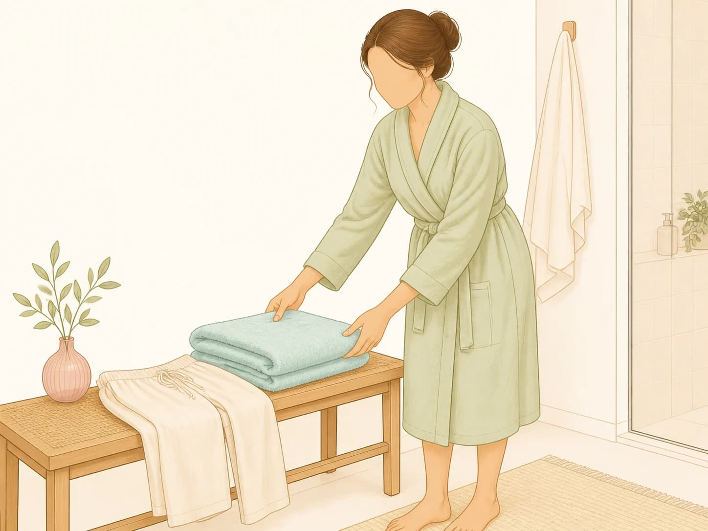 샤워 후 위생 관리를 준비하는 여성의 일상 장면