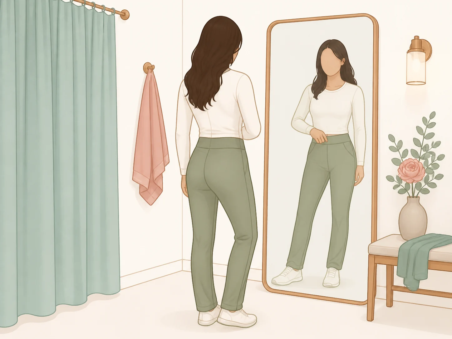 A woman in activewear checking the front line of her clothing in front of a mirror