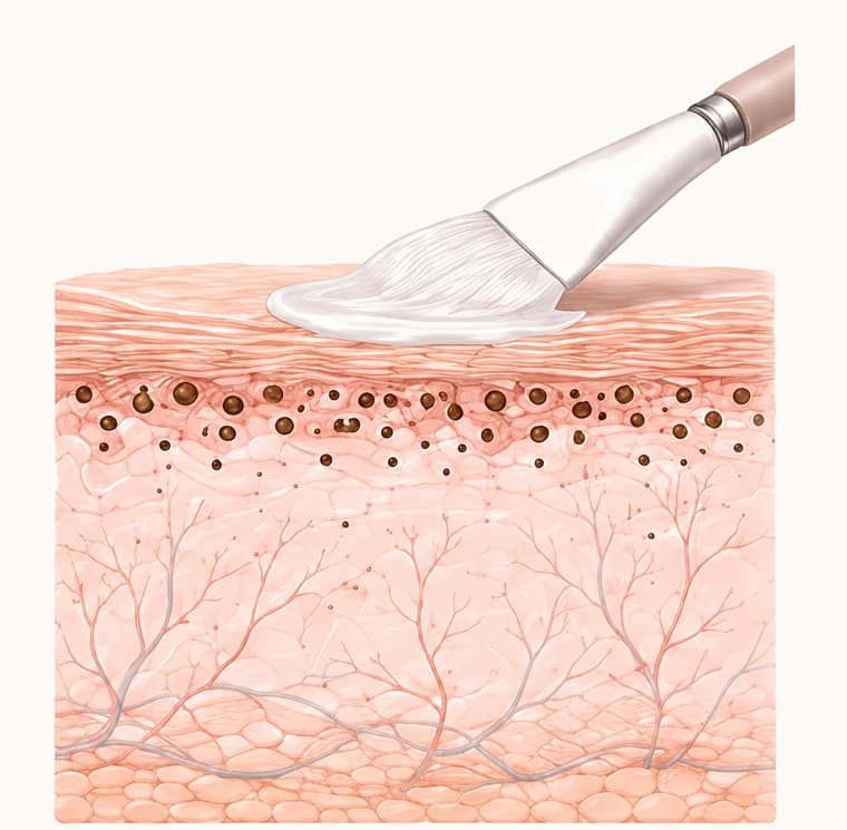 Mặt cắt cho thấy chất peel được thoa lên lớp sừng bề mặt da
